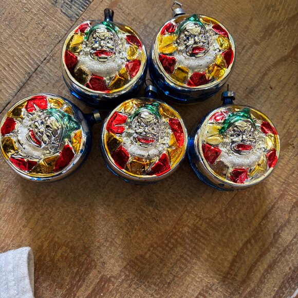 Lot 5 Inge Glas handblown Christmas tree ornaments Clown Face on Drum - Picture 1 of 3